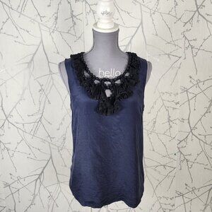 J. Crew Navy Cotton Silk Beaded Ruffle Neck Tank